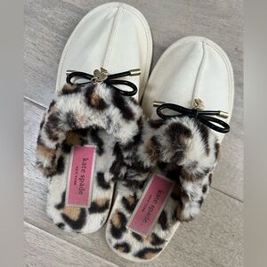 kate spade Cream Leather Slides with Leopard Faux Fur and Black Bow